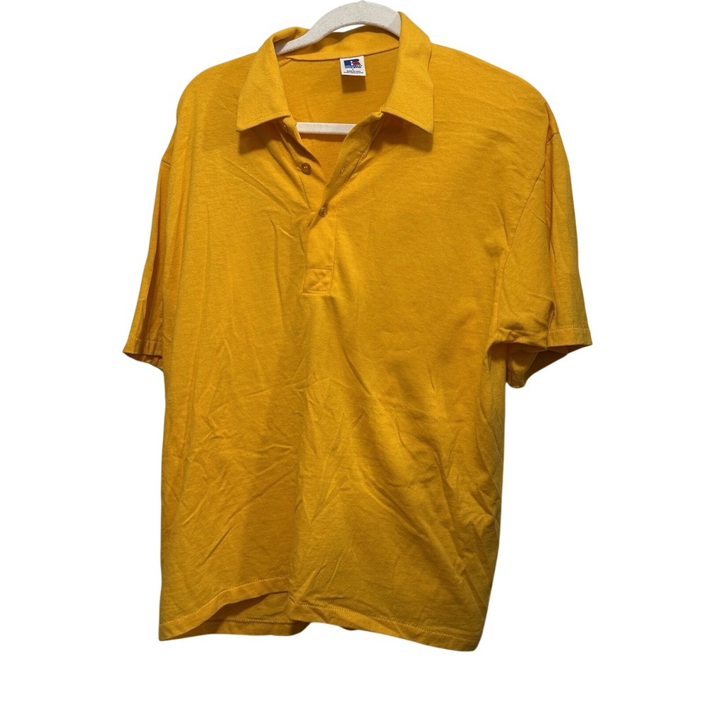 Vintage 80s Russell Athletic Polo Shirt Men's L Yellow Single Stitch USA VTG 90s